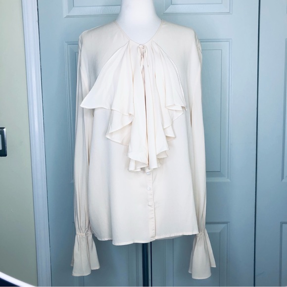 Vintage CLASSIQUES Silk for Nordstrom Wide Front Cuffs Ruffles Top Beige Sz M - Picture 3 of 13